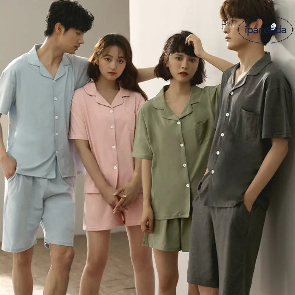 ID688 カップル パジャマ 夏 綿100% 薄手 半袖 ショートパンツ カーディガン セット メンズ レディース おそろい 2点セット 吸汗 速乾 ゆったり 無地 ルームウェア カップル＞セットアップ