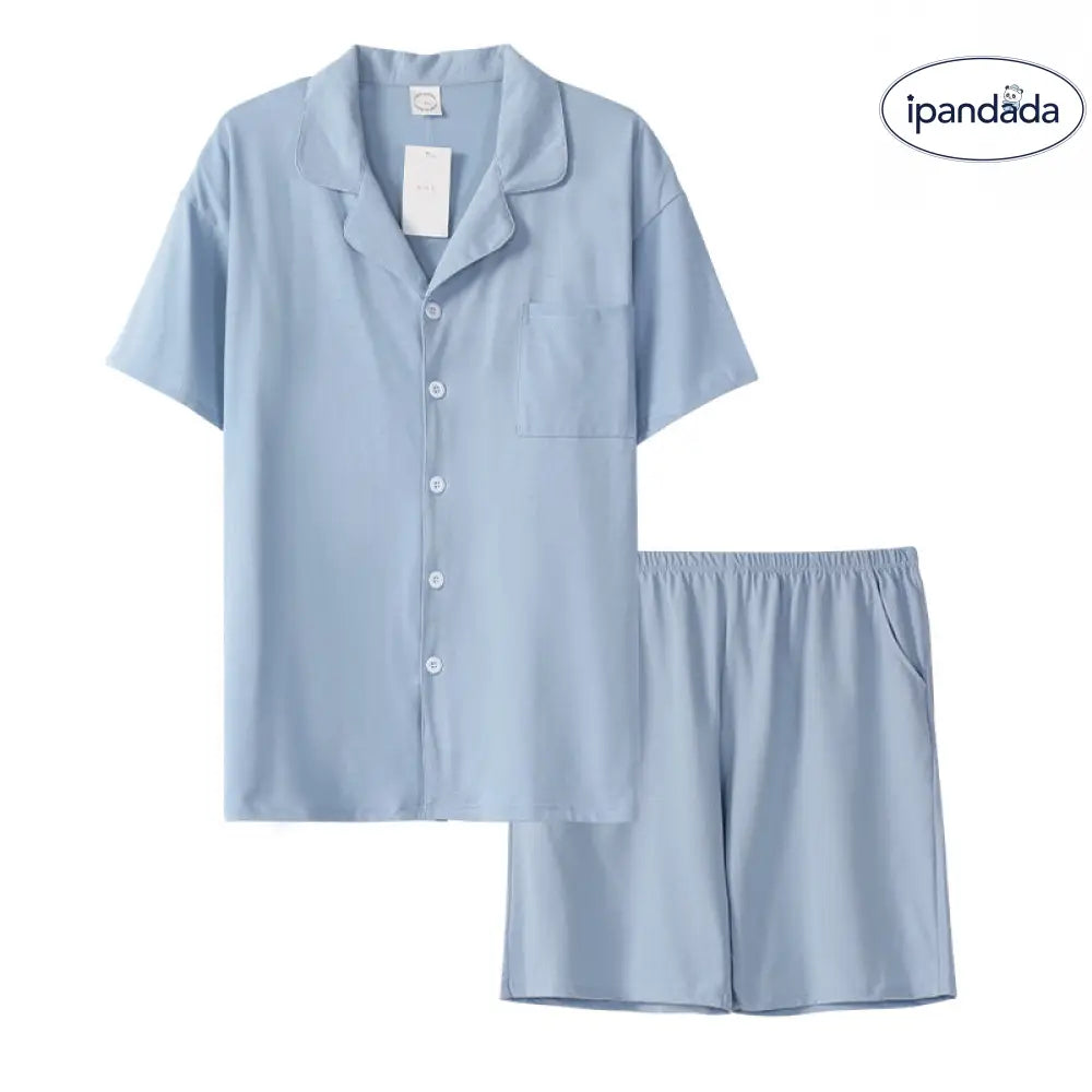 ID688 カップル パジャマ 夏 綿100% 薄手 半袖 ショートパンツ カーディガン セット メンズ レディース おそろい 2点セット 吸汗 速乾 ゆったり 無地 ルームウェア ブルー（メンズ ） / レディースＭ
