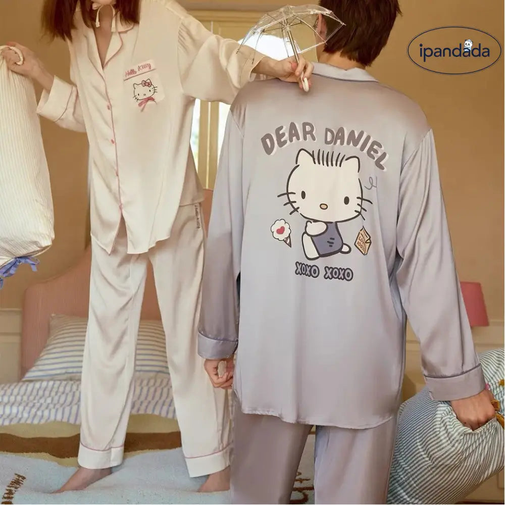 カップル パジャマ 長袖 アイスシルク ゆったりセット 外出可能 ルームウェア レディース 寝間着 プレゼント ペア お揃い ID3883 コーディネート＞ペアルック