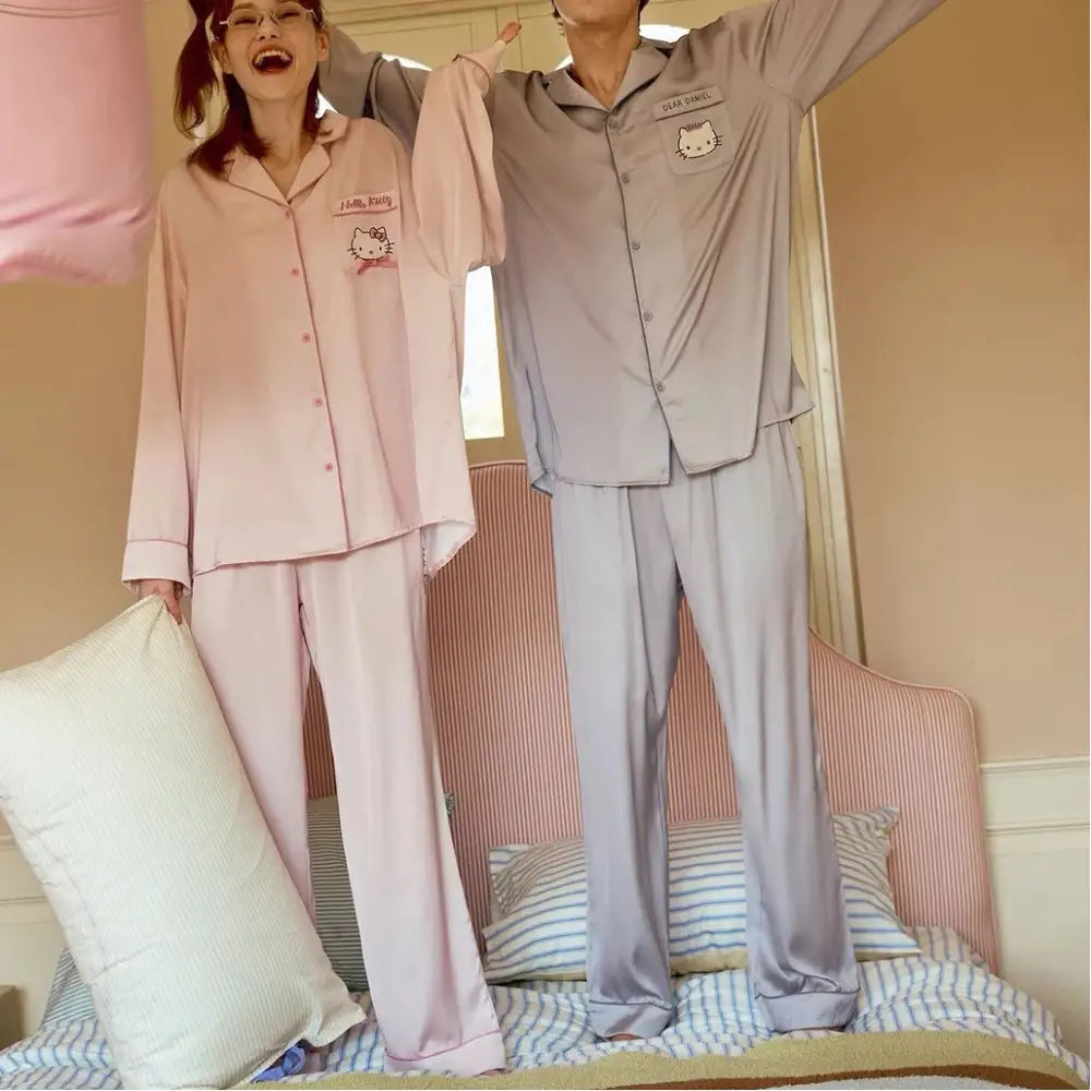 カップル パジャマ 長袖 アイスシルク ゆったりセット 外出可能 ルームウェア レディース 寝間着 プレゼント ペア お揃い ID3883 写真通り / レディースS コーディネート＞ペアルック