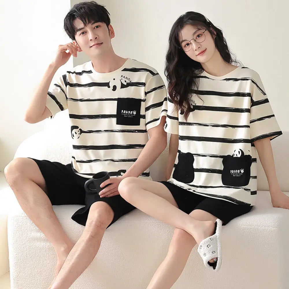 ID1101 カップル パジャマセット 綿100% 夏用 半袖 ショートパンツ 男女兼用 おしゃれ 外出着可 キャラクター ルームウェア 写真通り① / レディースＭ カップル＞セットアップ