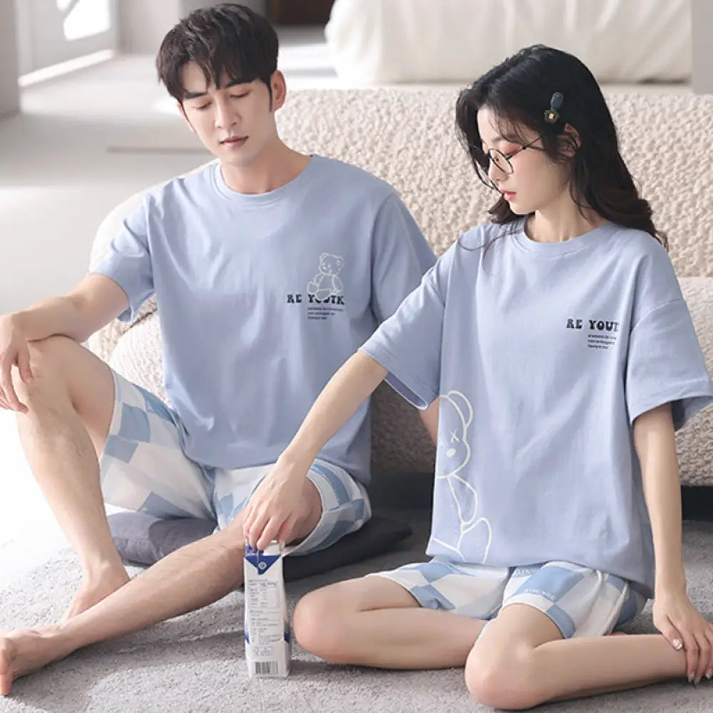 ID1101 カップル パジャマセット 綿100% 夏用 半袖 ショートパンツ 男女兼用 おしゃれ 外出着可 キャラクター ルームウェア 写真通り④ / レディースＭ カップル＞セットアップ