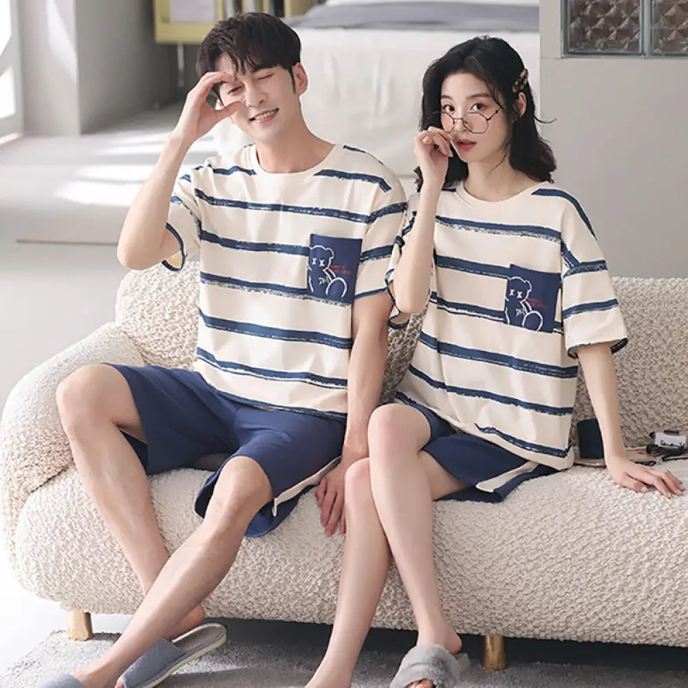 ID1101 カップル パジャマセット 綿100% 夏用 半袖 ショートパンツ 男女兼用 おしゃれ 外出着可 キャラクター ルームウェア 写真通り② / レディースＭ カップル＞セットアップ