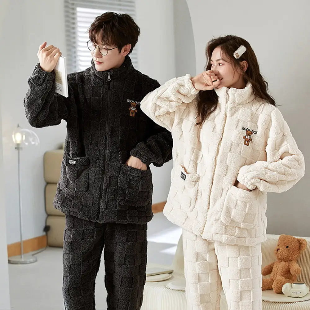 カップル パジャマセット 秋冬 厚手 コーラルフリース フランネル 女性 カートゥーン 男性 ファスナー ID3093 タイプ⑧ / レディースＭ