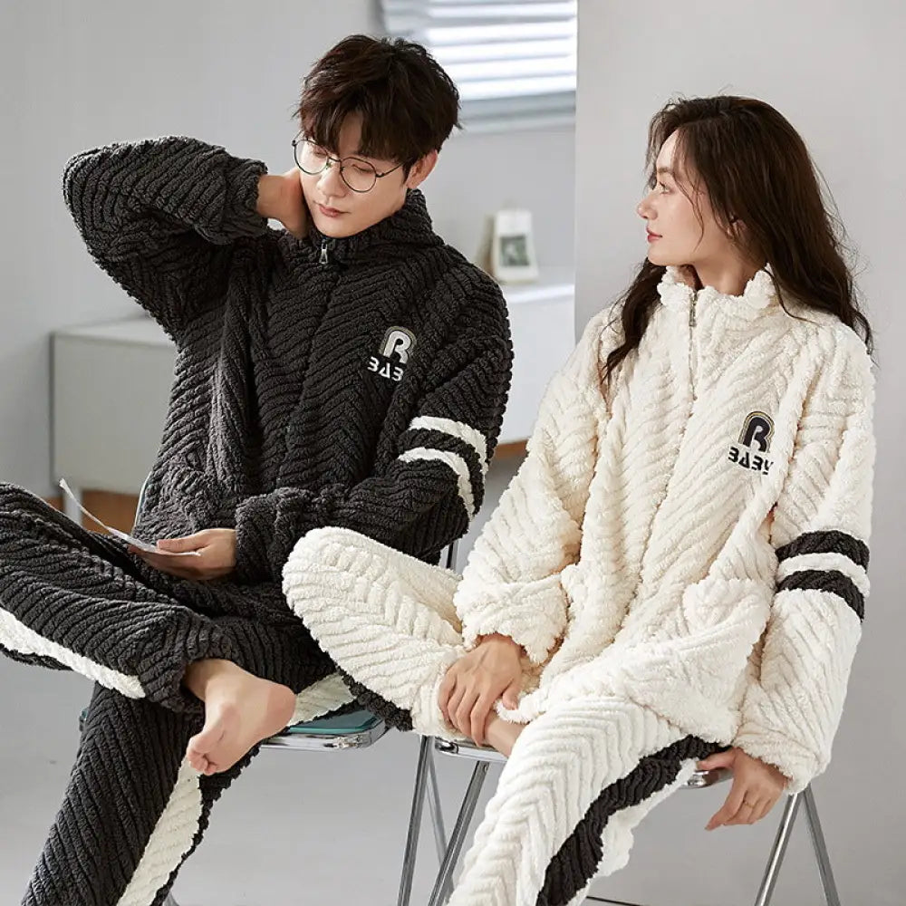 カップル パジャマセット 秋冬 厚手 コーラルフリース フランネル 女性 カートゥーン 男性 ファスナー ID3093 タイプ② / レディースＭ