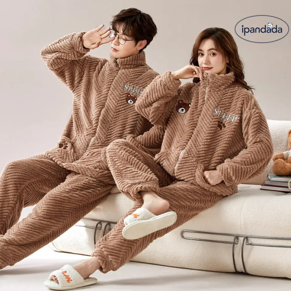 カップル パジャマセット 秋冬 厚手 コーラルフリース フランネル 女性 カートゥーン 男性 ファスナー ID3093