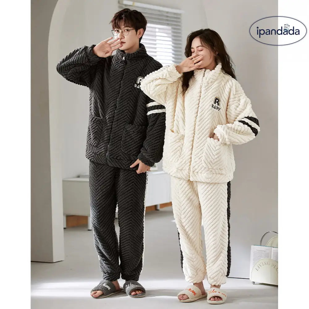 カップル パジャマセット 秋冬 厚手 コーラルフリース フランネル 女性 カートゥーン 男性 ファスナー ID3093