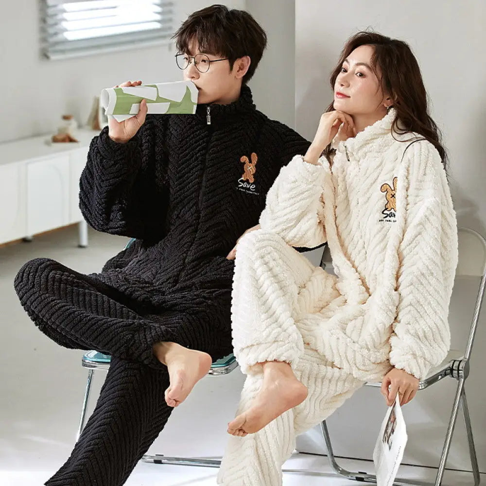 カップル パジャマセット 秋冬 厚手 コーラルフリース フランネル 女性 カートゥーン 男性 ファスナー ID3093 タイプ⑦ / レディースＭ