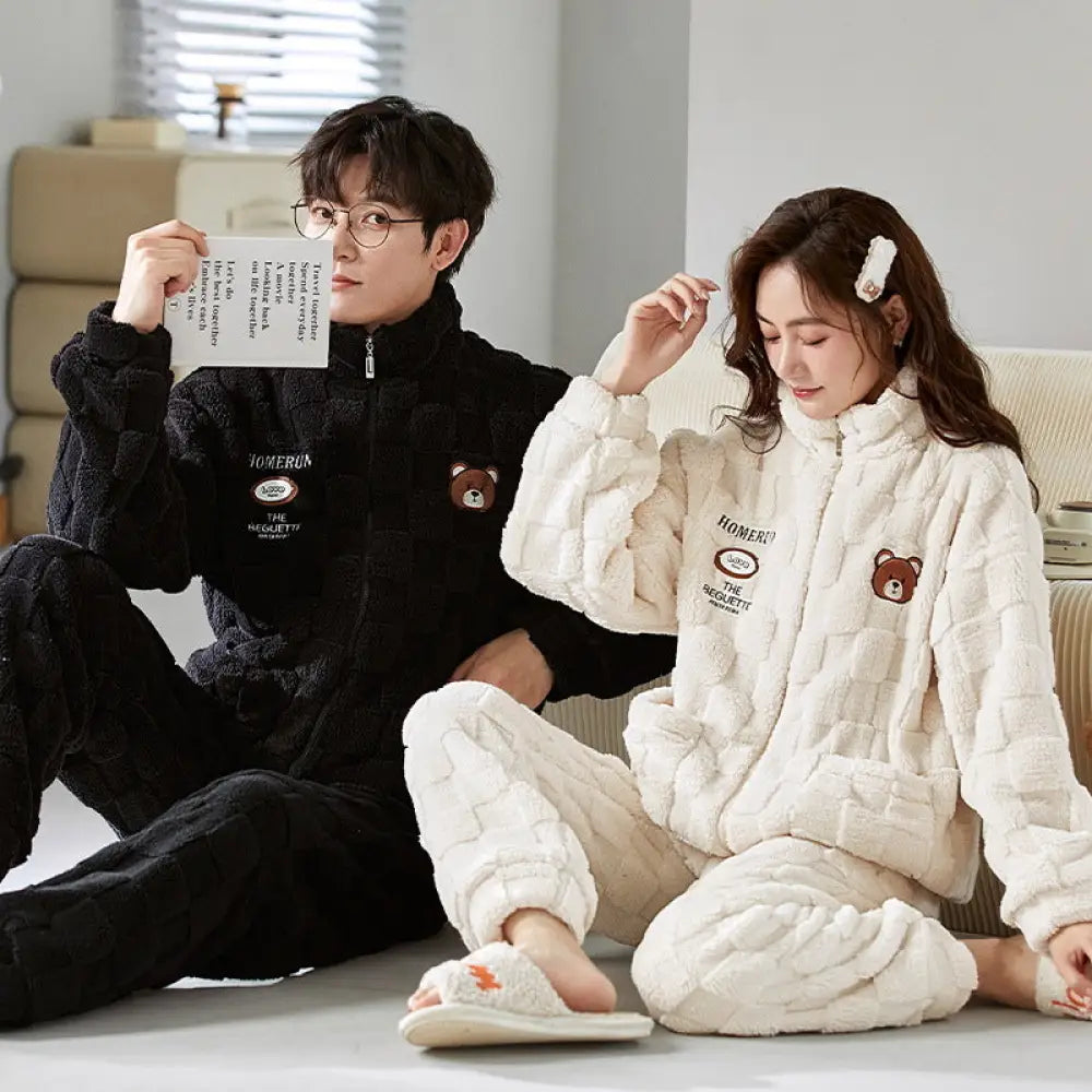 カップル パジャマセット 秋冬 厚手 コーラルフリース フランネル 女性 カートゥーン 男性 ファスナー ID3093 タイプ⑨ / レディースＭ