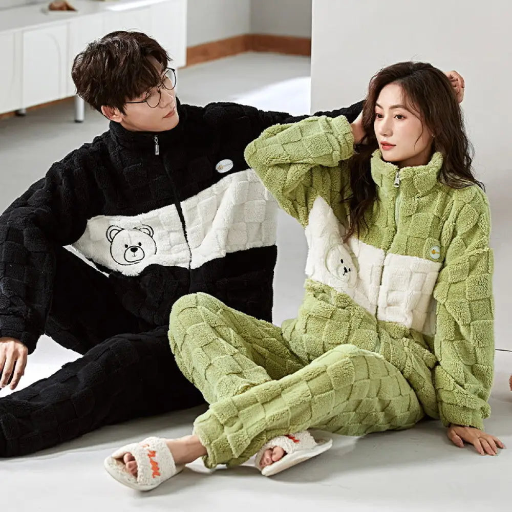 カップル パジャマセット 秋冬 厚手 コーラルフリース フランネル 女性 カートゥーン 男性 ファスナー ID3093 タイプ⑩ / レディースＭ