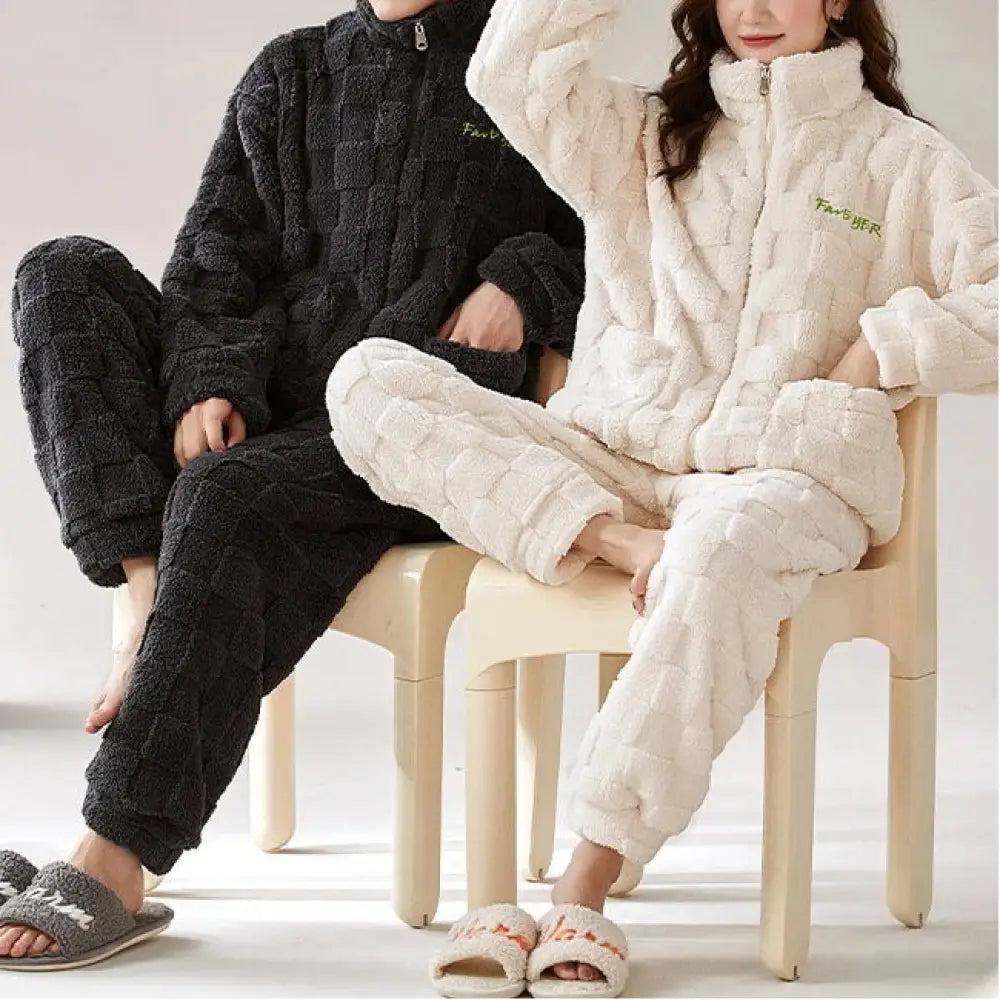 カップル パジャマセット 秋冬 厚手 コーラルフリース フランネル 女性 カートゥーン 男性 ファスナー ID3093 タイプ① / レディースＭ
