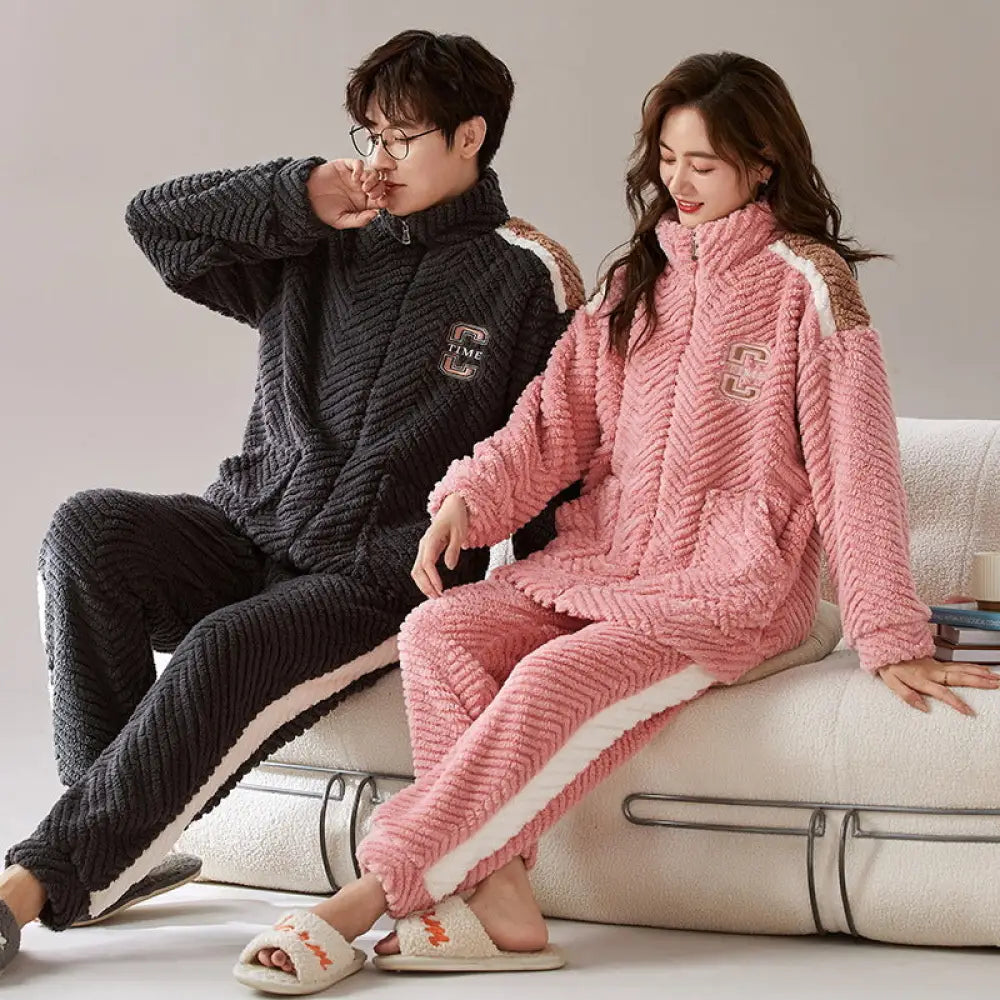 カップル パジャマセット 秋冬 厚手 コーラルフリース フランネル 女性 カートゥーン 男性 ファスナー ID3093 タイプ⑤ / レディースＭ