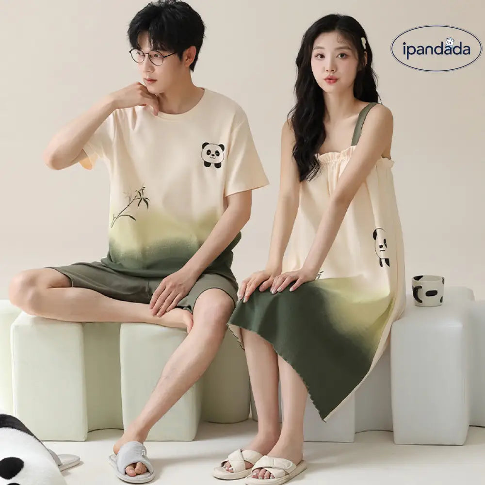 ID1035 カップル パンダ柄 パジャマセット 夏用 胸当て付き 半袖＆ワンピース ゆったり おうちデートコーデ カップル＞セットアップ