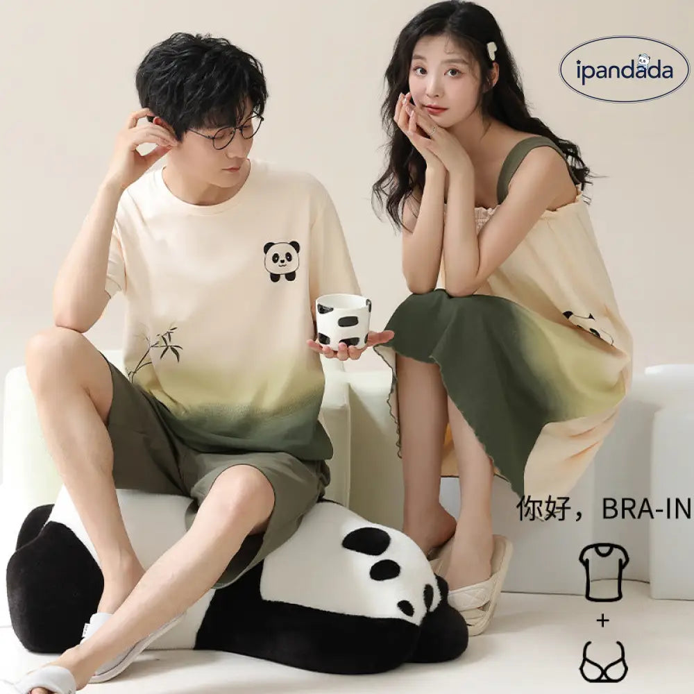 ID1035 カップル パンダ柄 パジャマセット 夏用 胸当て付き 半袖＆ワンピース ゆったり おうちデートコーデ カップル＞セットアップ