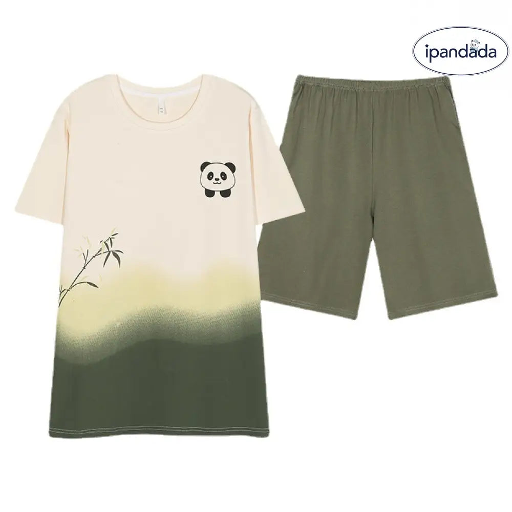 ID1035 カップル パンダ柄 パジャマセット 夏用 胸当て付き 半袖＆ワンピース ゆったり おうちデートコーデ メンズ / M カップル＞セットアップ