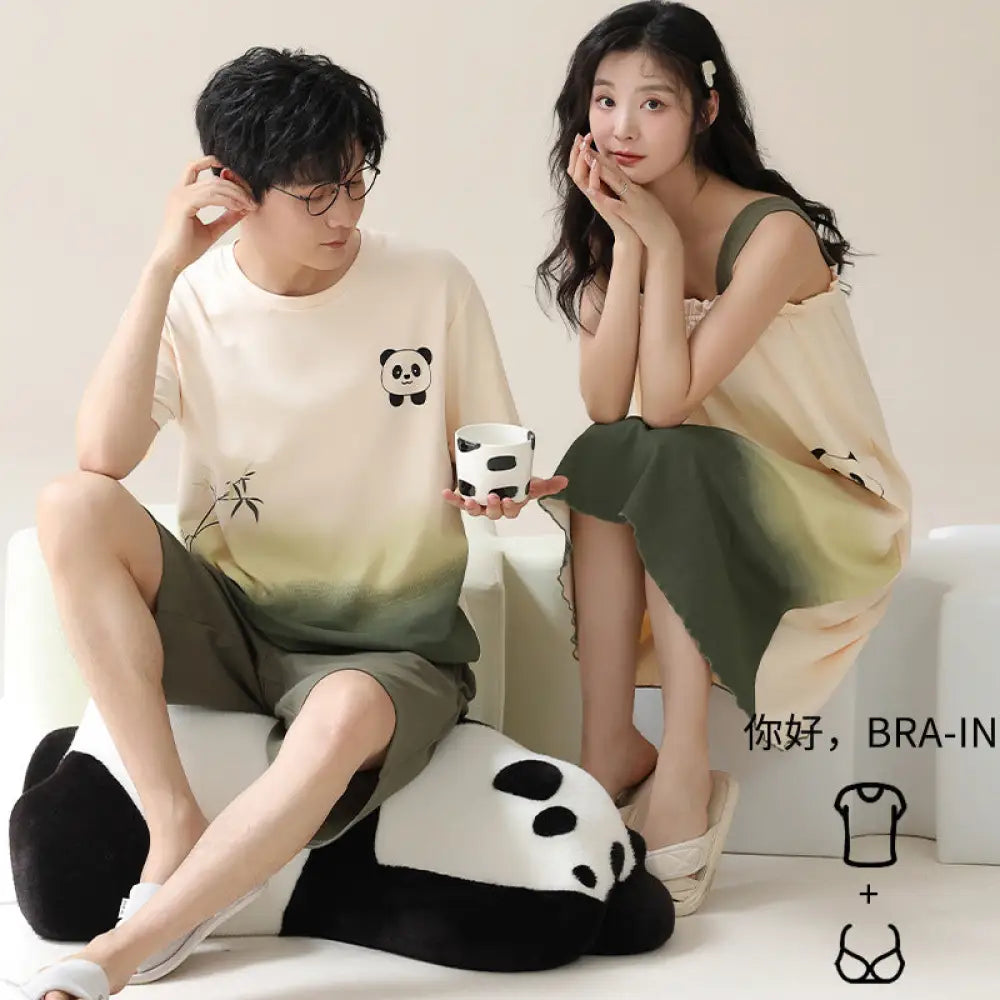 ID1035 カップル パンダ柄 パジャマセット 夏用 胸当て付き 半袖＆ワンピース ゆったり おうちデートコーデ カップル＞セットアップ