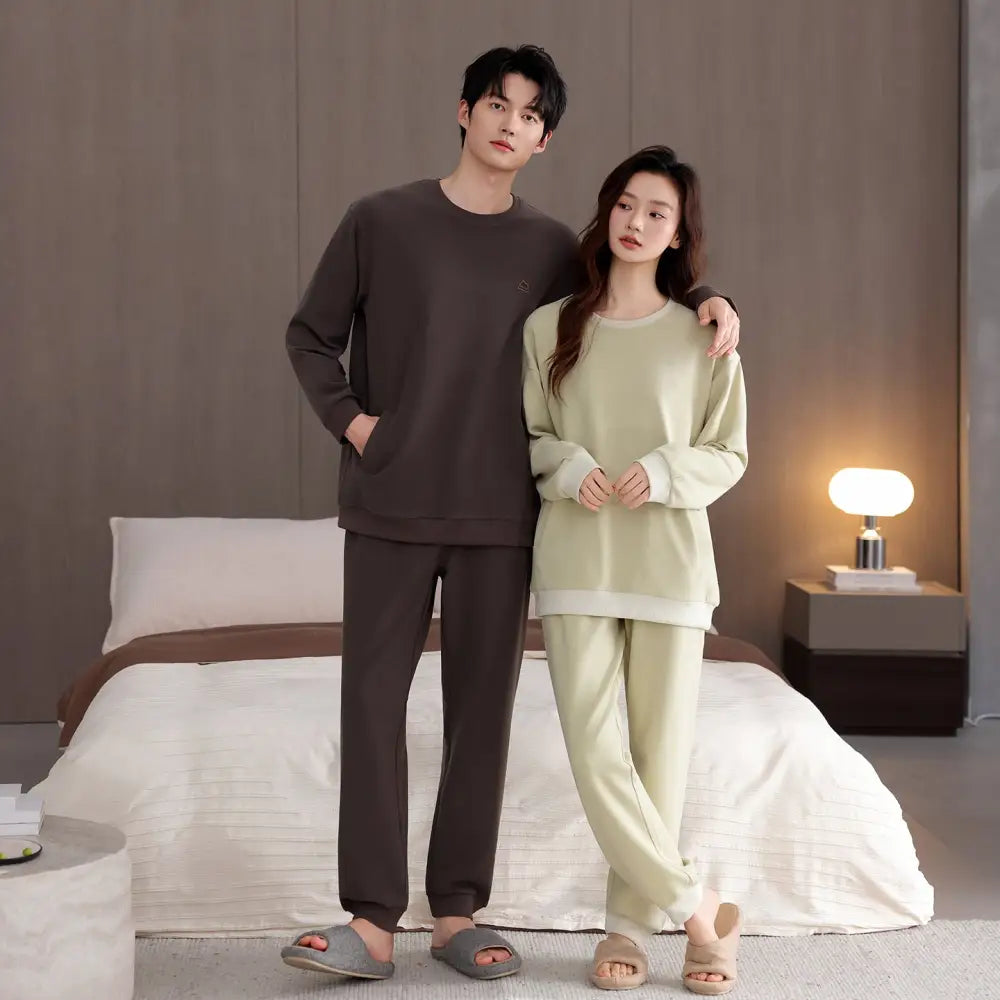 カップル プルオーバー パジャマ セット 春秋 長袖 長ズボン シンプル ルームウェア お揃い 2点セット 部屋着 ID4098 タイプ② / レディースＭ