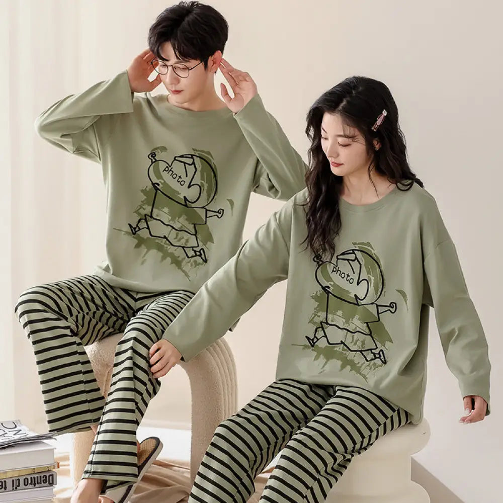 カップル プルオーバー パジャマ セット 秋 綿 クルーネック 長袖 キャラクター かわいい ルームウェア 男女兼用 お揃い 2点セット ID4207 タイプ④ / レディースＭ