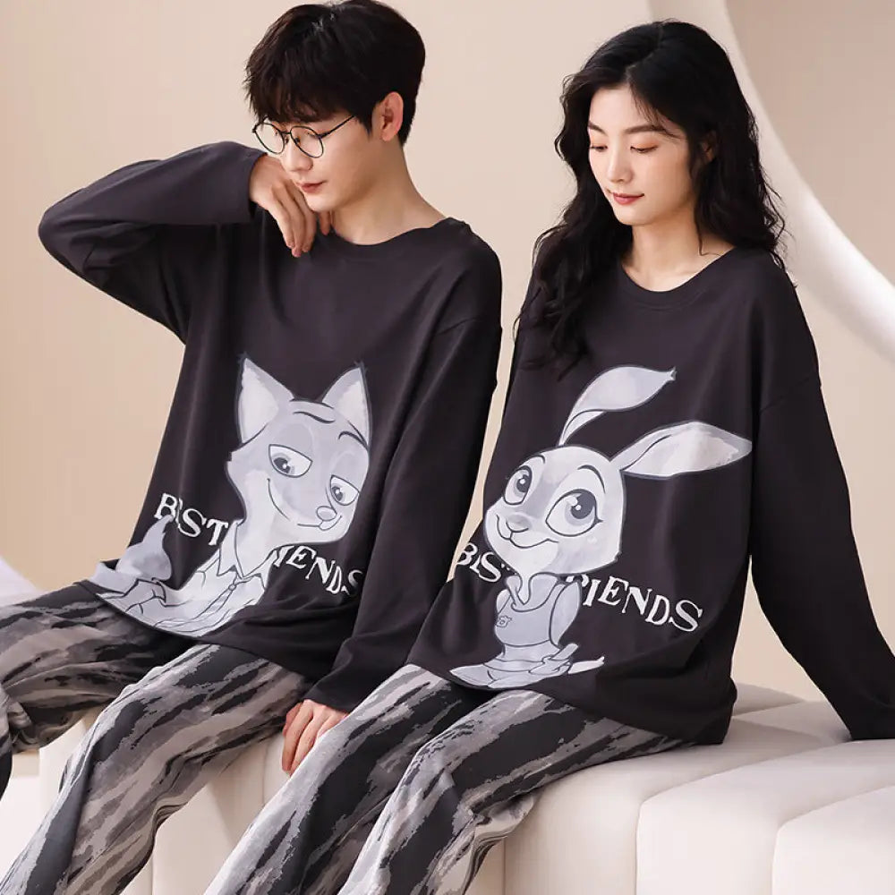 カップル プルオーバー パジャマ セット 秋 綿 クルーネック 長袖 キャラクター かわいい ルームウェア 男女兼用 お揃い 2点セット ID4207 タイプ② / レディースＭ