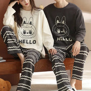 カップル プルオーバー パジャマ セット 秋 綿 クルーネック 長袖 キャラクター かわいい ルームウェア 男女兼用 お揃い 2点セット ID4207 タイプ① / レディースＭ