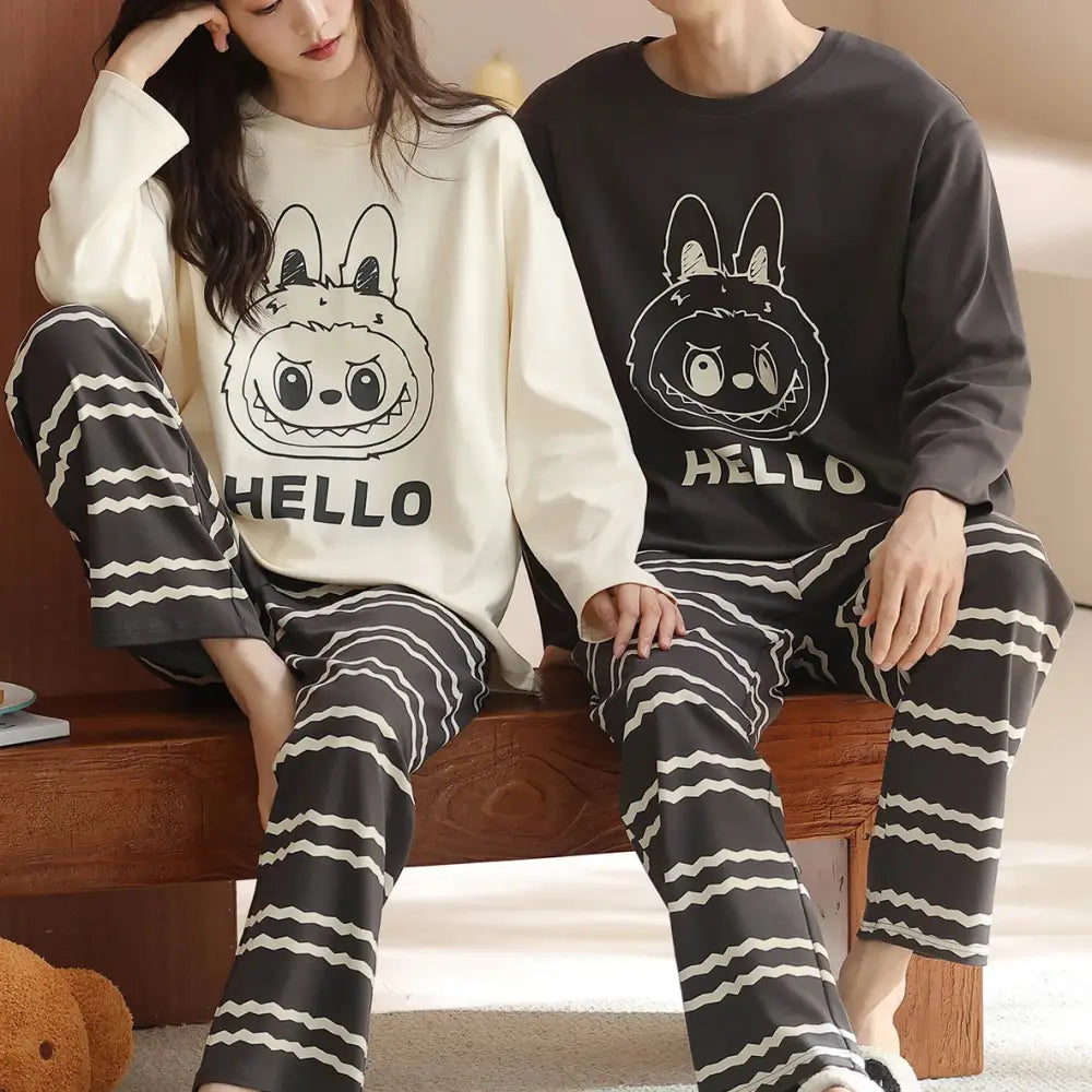 カップル プルオーバー パジャマ セット 秋 綿 クルーネック 長袖 キャラクター かわいい ルームウェア 男女兼用 お揃い 2点セット ID4207 タイプ① / レディースＭ
