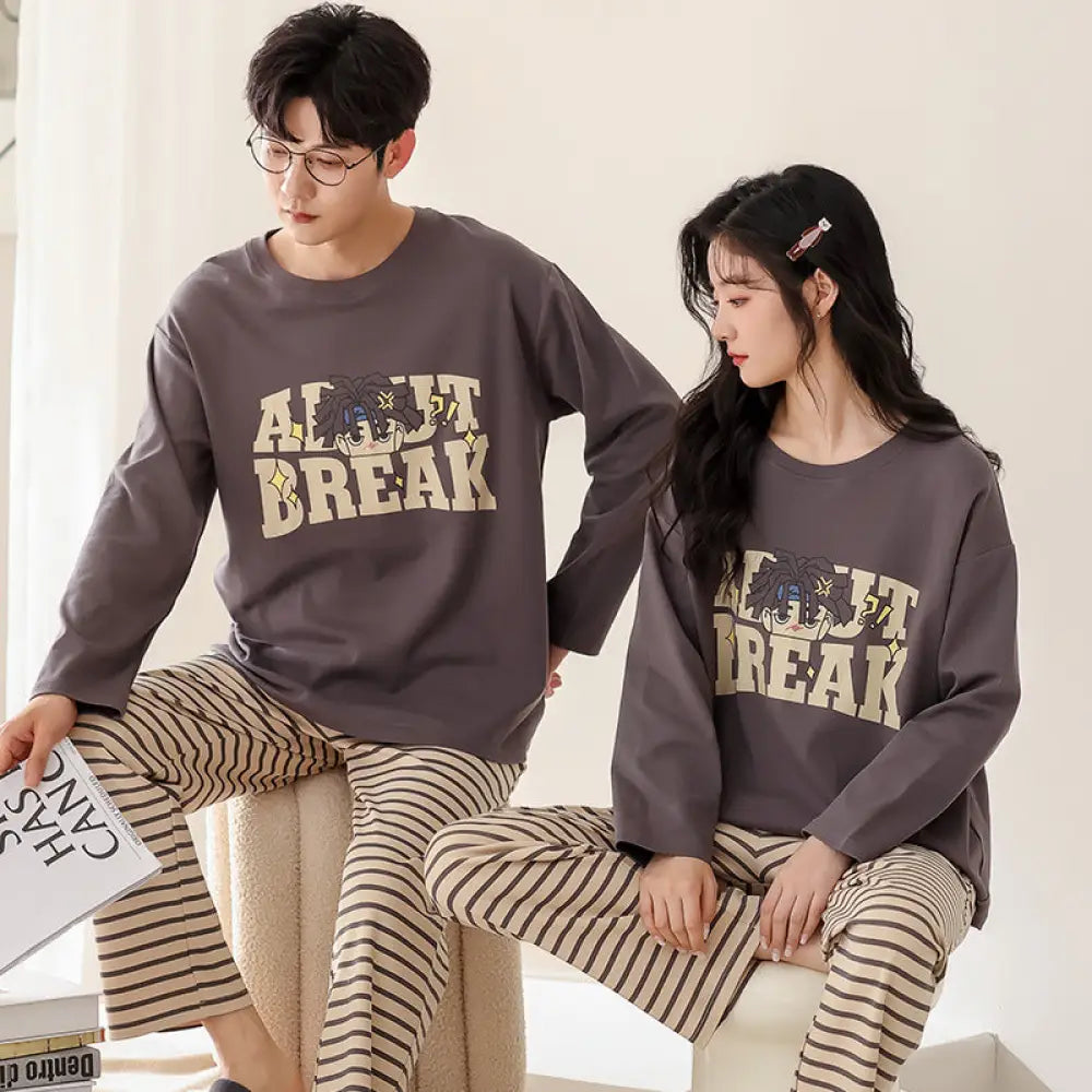 カップル プルオーバー パジャマ セット 秋 綿 クルーネック 長袖 キャラクター かわいい ルームウェア 男女兼用 お揃い 2点セット ID4207 タイプ⑤ / レディースＭ