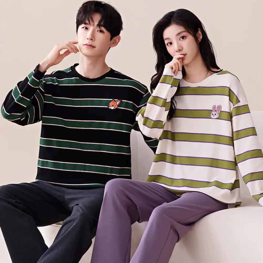 カップル プルオーバー パジャマ セット 秋 綿 クルーネック 長袖 キャラクター かわいい ルームウェア 男女兼用 お揃い 2点セット ID4207 タイプ③ / レディースＭ