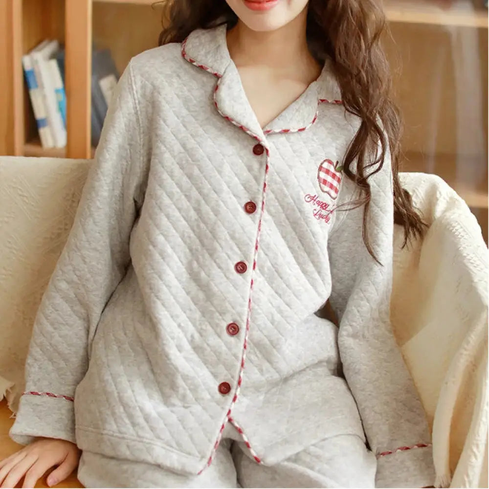 カップル 秋冬 エアリーコットン ペアパジャマ 厚手 シンプル 長袖 長パン ヘアウェアセット 男性用 女性用 クリスマスプレゼント ID3155 女性用 グレー / M コーディネート＞ペアルック