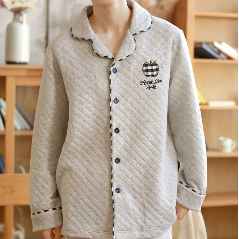 カップル 秋冬 エアリーコットン ペアパジャマ 厚手 シンプル 長袖 長パン ヘアウェアセット 男性用 女性用 クリスマスプレゼント ID3155 男性用 グレー / M コーディネート＞ペアルック