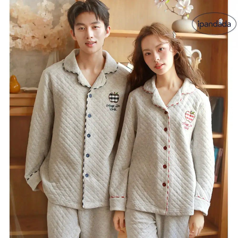 カップル 秋冬 エアリーコットン ペアパジャマ 厚手 シンプル 長袖 長パン ヘアウェアセット 男性用 女性用 クリスマスプレゼント ID3155 コーディネート＞ペアルック