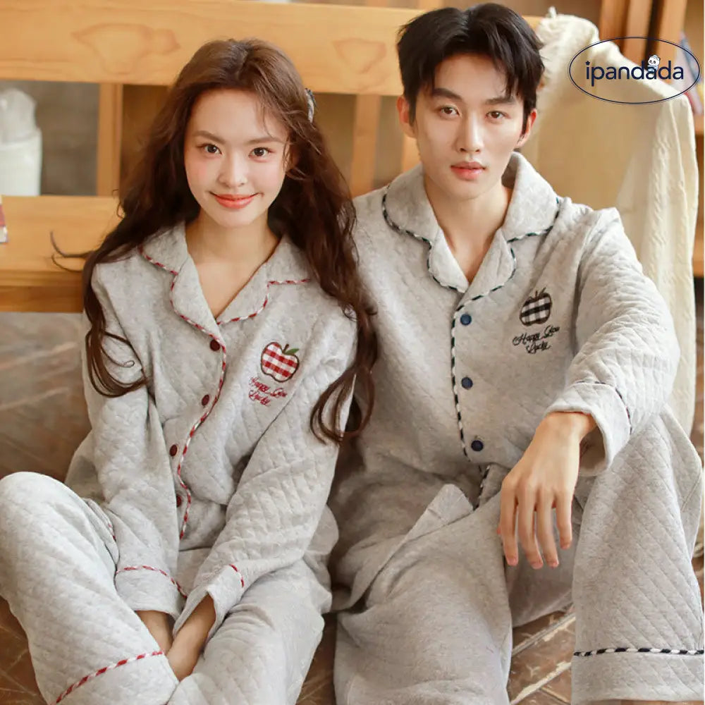 カップル 秋冬 エアリーコットン ペアパジャマ 厚手 シンプル 長袖 長パン ヘアウェアセット 男性用 女性用 クリスマスプレゼント ID3155 コーディネート＞ペアルック