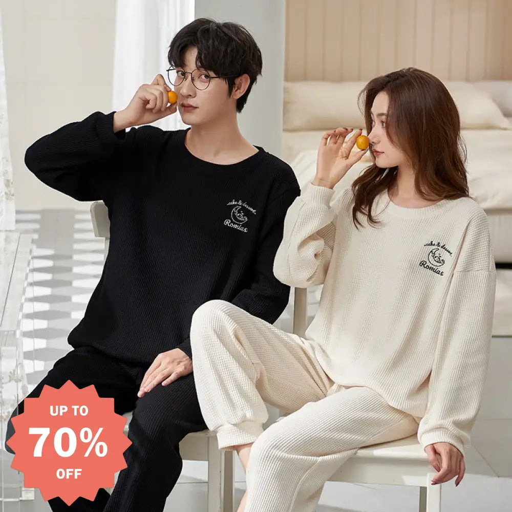 カップル ルームウェア セット 春秋 長袖 シンプル ゆったり お揃い パジャマ 部屋着 2点セット 肌触りよい ID4074 タイプ① / レディースＭ