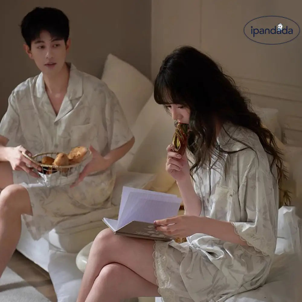 ID1074 カップル用 アイスシルク パジャマセット 夏用 半袖開きシャツ＆ショーツ プリント柄 涼感 お出かけ対応 薄手 洗濯OK カップル＞セットアップ