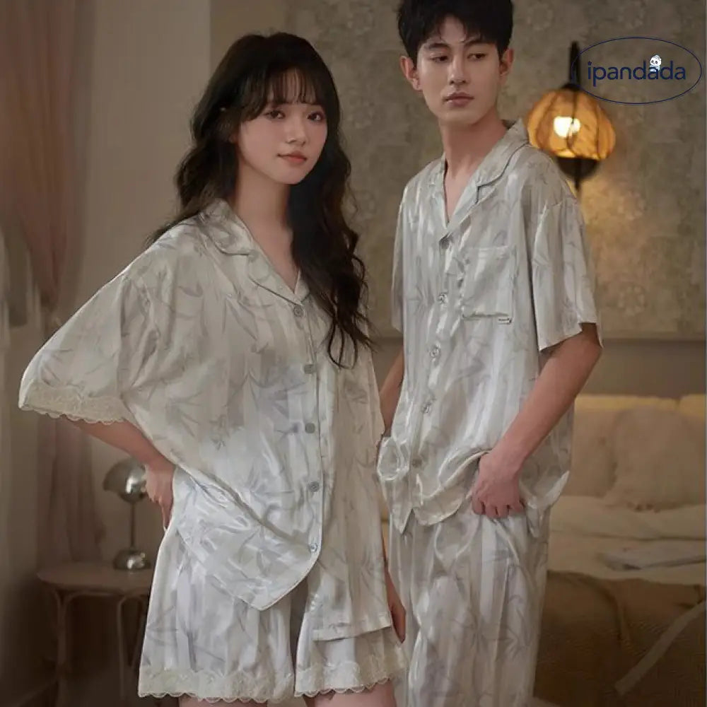 ID1074 カップル用 アイスシルク パジャマセット 夏用 半袖開きシャツ＆ショーツ プリント柄 涼感 お出かけ対応 薄手 洗濯OK カップル＞セットアップ