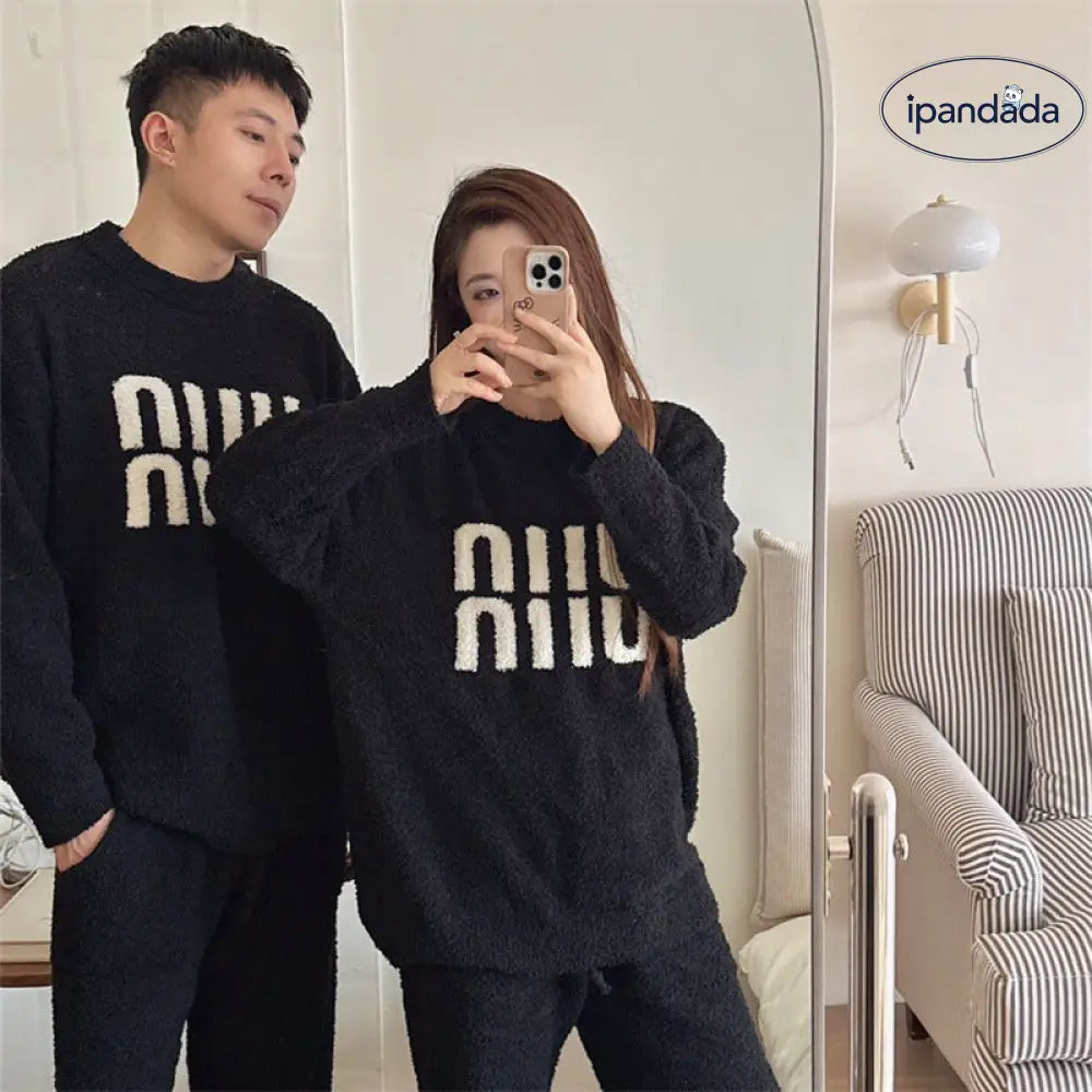 カップル用 フリース パジャマ セット レディース 秋冬 アルファベット柄 ソフト フワフワ ゆったり 保温 セット ID3500