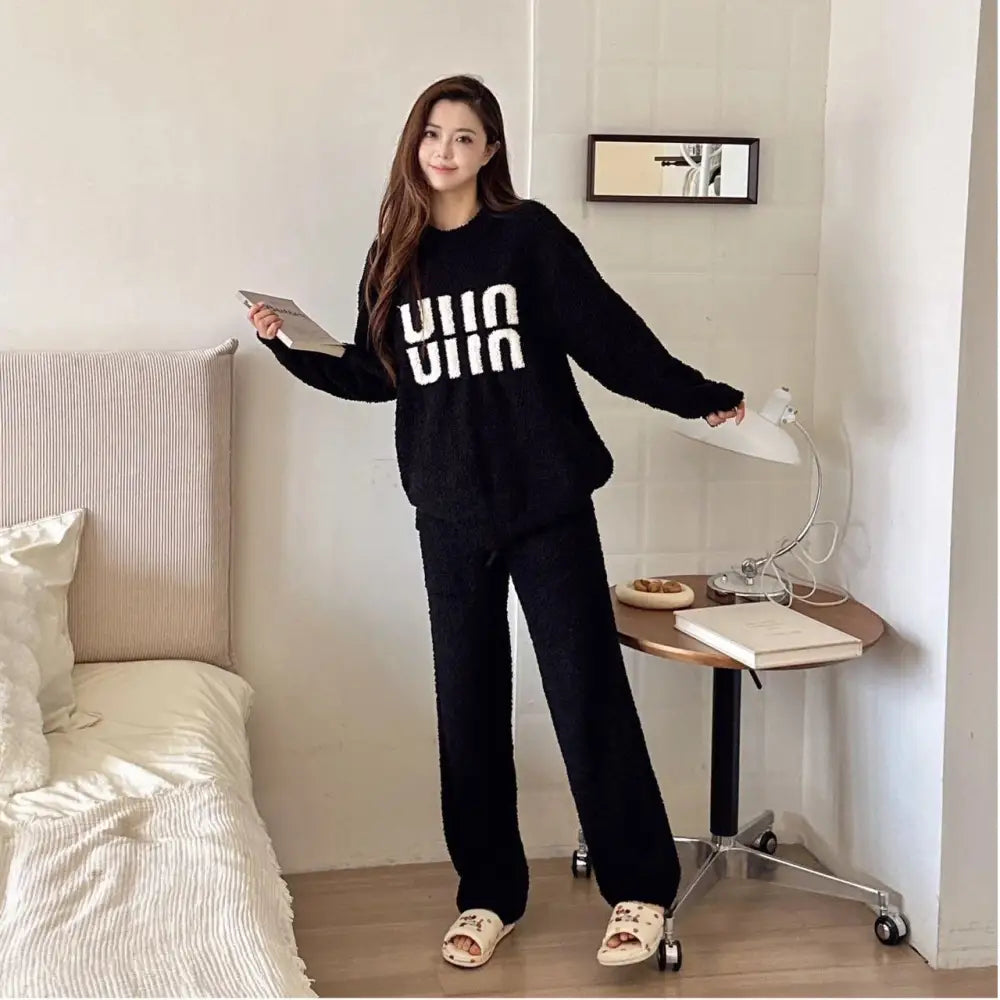 カップル用 フリース パジャマ セット レディース 秋冬 アルファベット柄 ソフト フワフワ ゆったり 保温 セット ID3500 女性用 ブラック / フリー