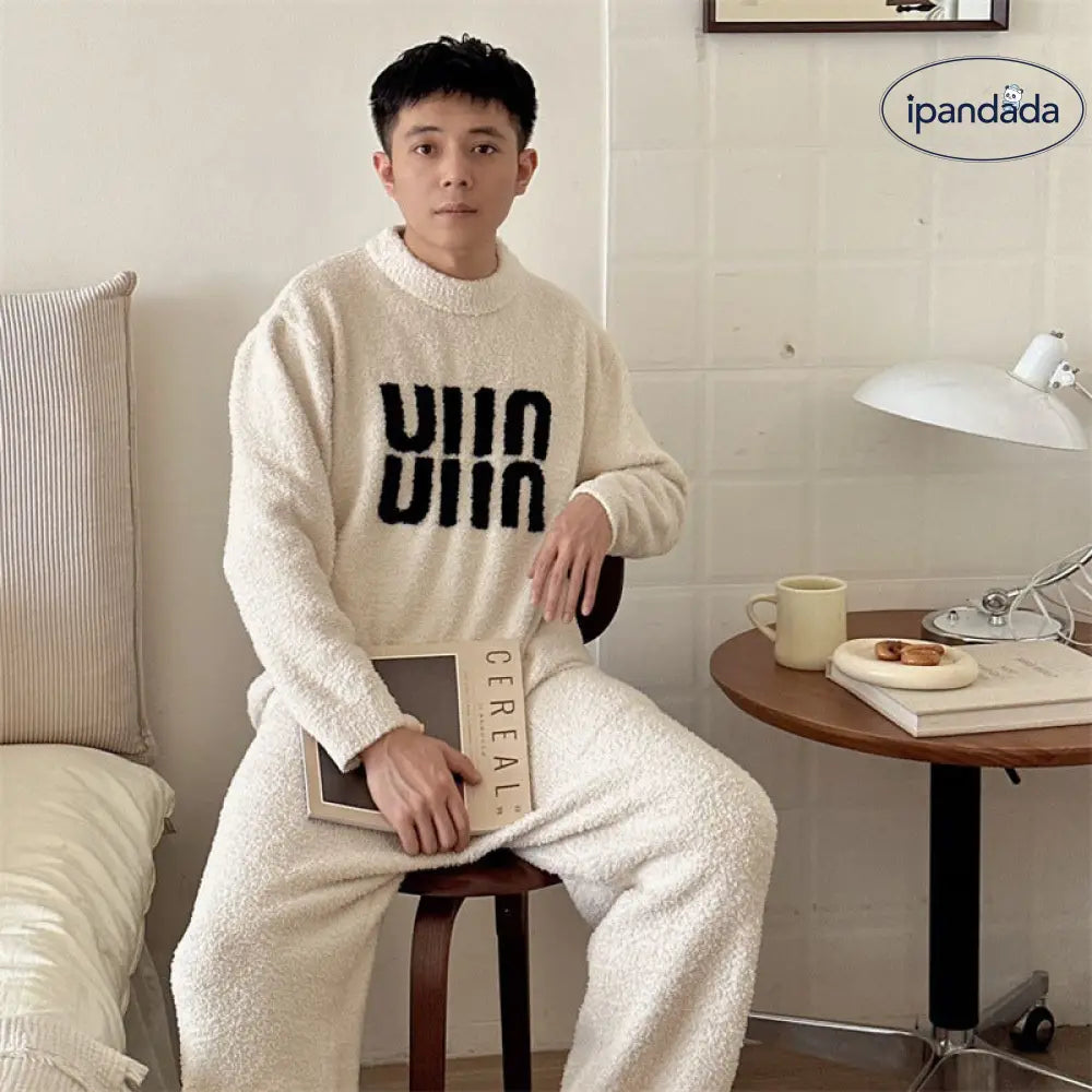 カップル用 フリース パジャマ セット レディース 秋冬 アルファベット柄 ソフト フワフワ ゆったり 保温 セット ID3500