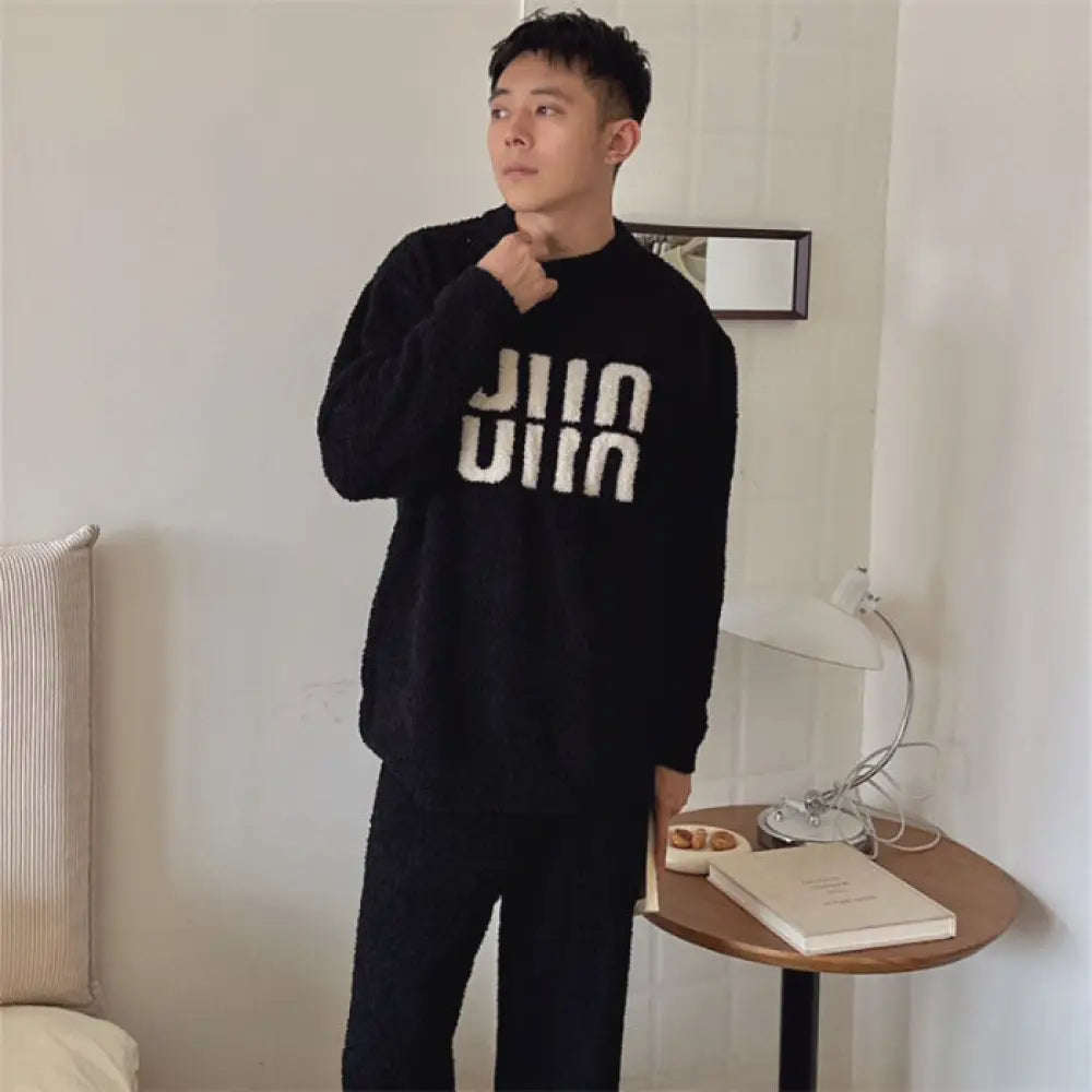 カップル用 フリース パジャマ セット レディース 秋冬 アルファベット柄 ソフト フワフワ ゆったり 保温 セット ID3500 男性用 ブラック / フリー