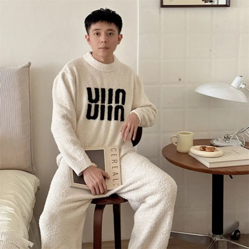 カップル用 フリース パジャマ セット レディース 秋冬 アルファベット柄 ソフト フワフワ ゆったり 保温 セット ID3500 男性用 ホワイト / フリー