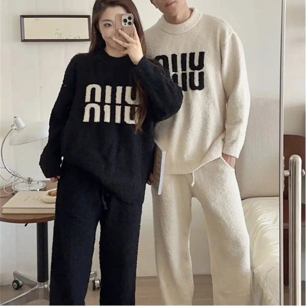 カップル用 フリース パジャマ セット レディース 秋冬 アルファベット柄 ソフト フワフワ ゆったり 保温 セット ID3500