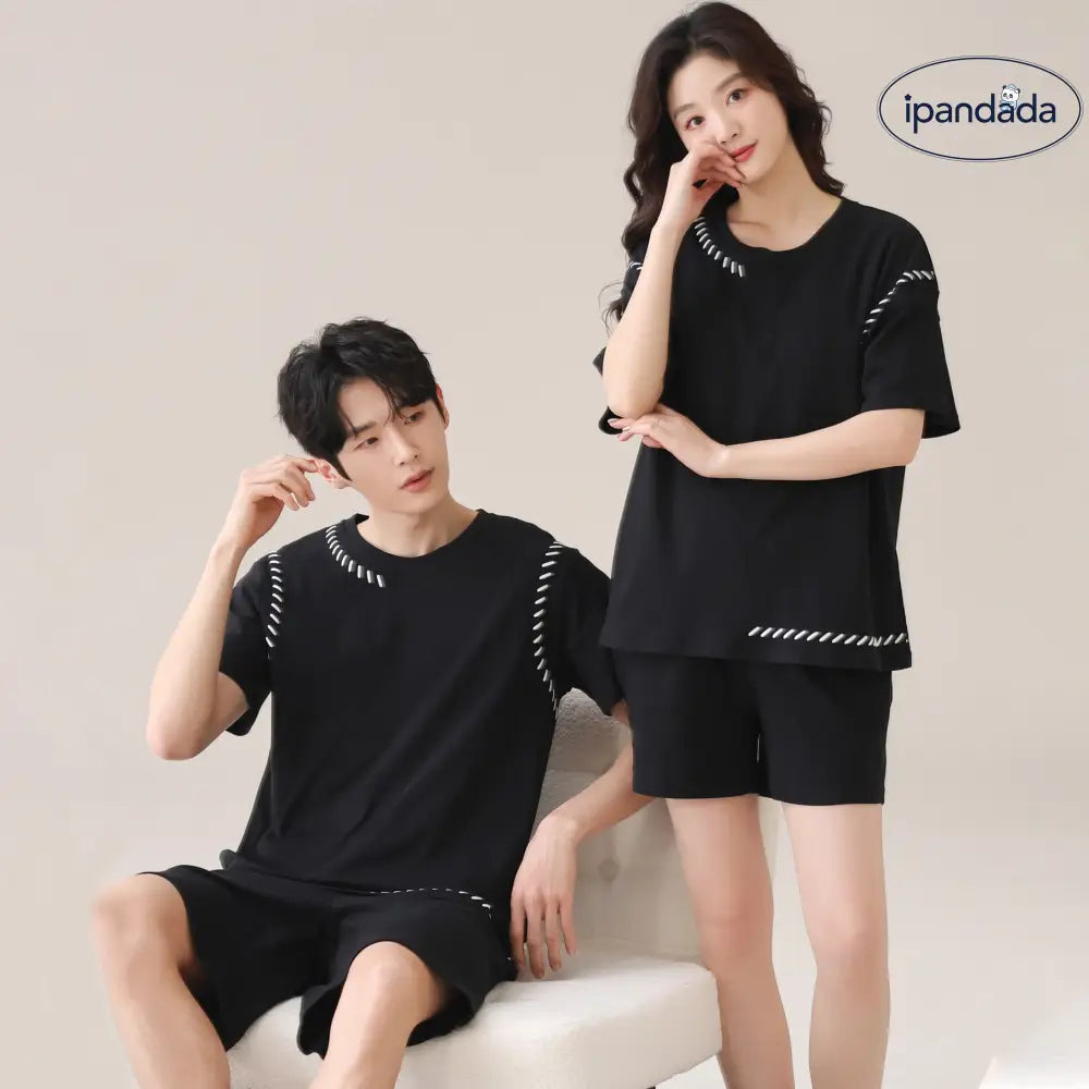 ID1698 カップル用 綿 パジャマセット レディース 胸当てパッド付き ワンピース  ＆ メンズ 半袖シャツ ブラック 涼感 家居着