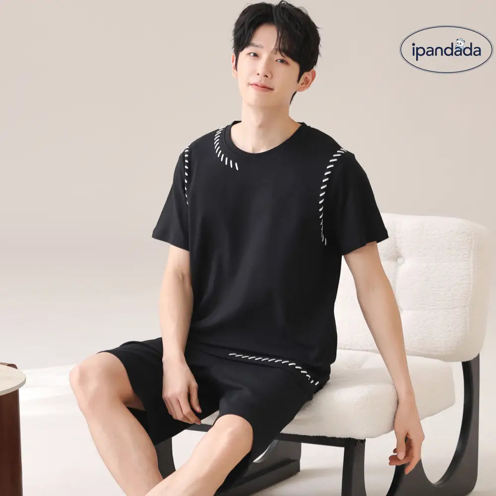 ID1698 カップル用 綿 パジャマセット レディース 胸当てパッド付き ワンピース  ＆ メンズ 半袖シャツ ブラック 涼感 家居着