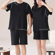 ID1698 カップル用 綿 パジャマセット レディース 胸当てパッド付き ワンピース  ＆ メンズ 半袖シャツ ブラック 涼感 家居着