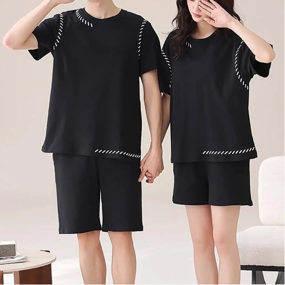 ID1698 カップル用 綿 パジャマセット レディース 胸当てパッド付き ワンピース  ＆ メンズ 半袖シャツ ブラック 涼感 家居着