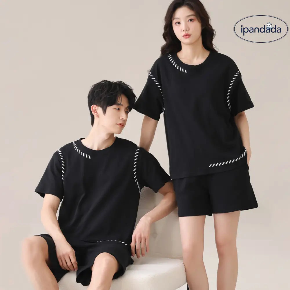 ID1698 カップル用 綿 パジャマセット レディース 胸当てパッド付き ワンピース  ＆ メンズ 半袖シャツ ブラック 涼感 家居着