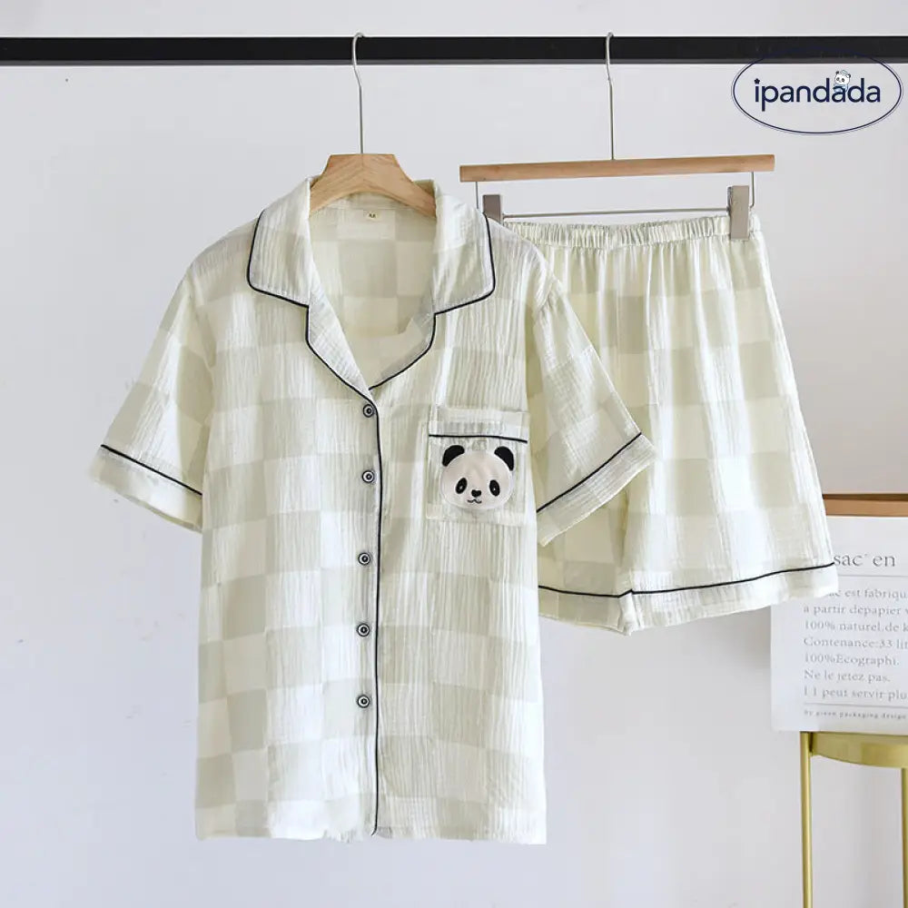 ID1034 【カップル用】綿100% チェック柄 パジャマセット 夏用 半袖＆ショーツ 男女兼用 ゆったり おうちコーデ メンズ / M カップル＞セットアップ