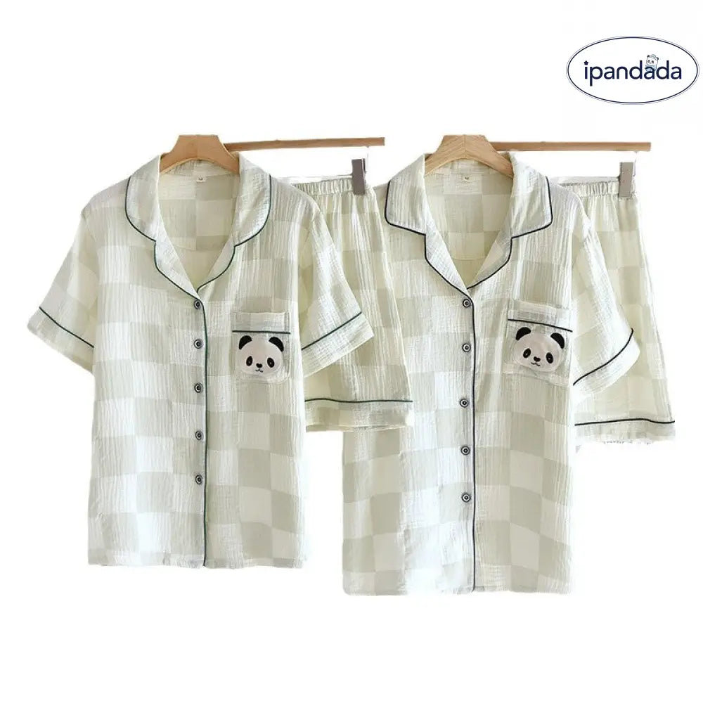 ID1034 【カップル用】綿100% チェック柄 パジャマセット 夏用 半袖＆ショーツ 男女兼用 ゆったり おうちコーデ カップル＞セットアップ