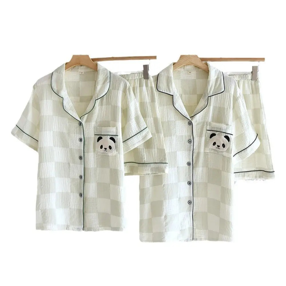 ID1034 【カップル用】綿100% チェック柄 パジャマセット 夏用 半袖＆ショーツ 男女兼用 ゆったり おうちコーデ カップル＞セットアップ