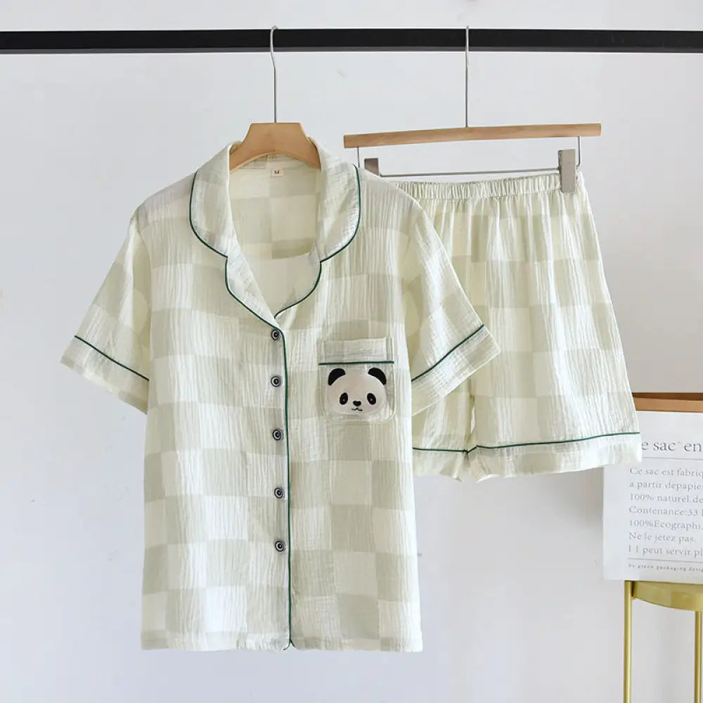 ID1034 【カップル用】綿100% チェック柄 パジャマセット 夏用 半袖＆ショーツ 男女兼用 ゆったり おうちコーデ レディース / M カップル＞セットアップ