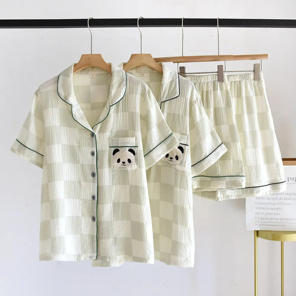 ID1034 【カップル用】綿100% チェック柄 パジャマセット 夏用 半袖＆ショーツ 男女兼用 ゆったり おうちコーデ カップル＞セットアップ